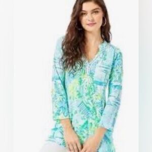 Lilly Pulitzer Kaia Knit Embroidered Green and Blue Tunic Top